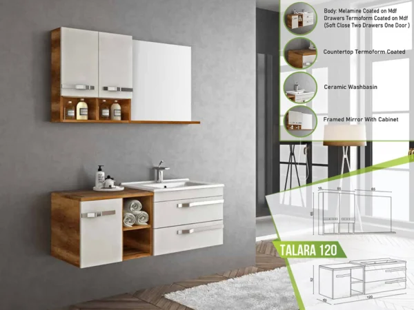 Contemporary Talara 120 vanity set with natural wood and white finish, soft-close drawers, a termoform-coated countertop, ceramic washbasin, and a framed mirror with storage.