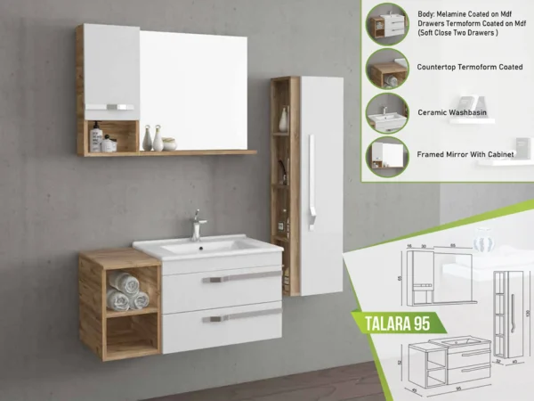 Chic Talara 95 vanity set with melamine finish, open shelf, soft-close drawers, ceramic washbasin, and a framed mirror with a cabinet.