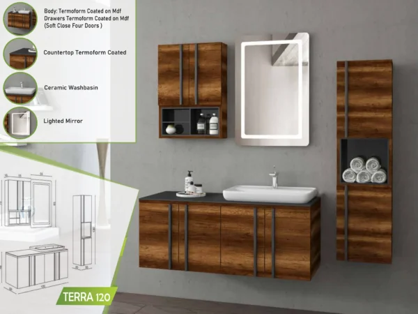 Terra 120 luxurious bathroom vanity set with rich wood texture, ceramic basin, and illuminated mirror.