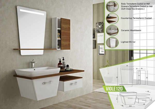 Modern VIOLE 120 single vanity unit featuring a stylish lighted mirror and wood accents.