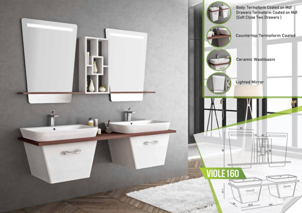 Chic VIOLE 160 double vanity set in white with elegant lighting and shelving