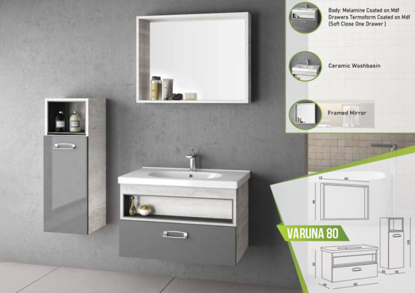 Modern minimalist bathroom vanity in a grey and white color scheme with sleek design and a framed mirror.