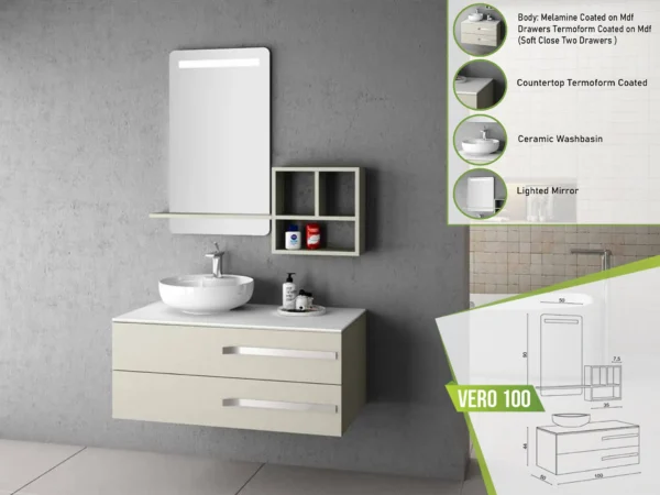 Contemporary Vero 100 bathroom vanity in light finish with ceramic basin and illuminated mirror.