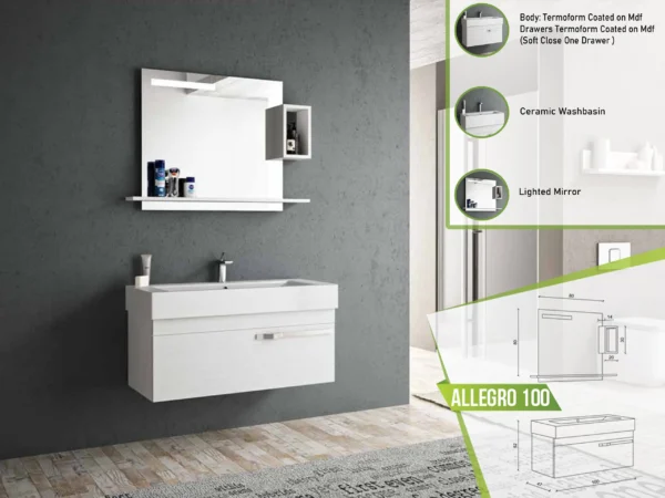 Modern ALLEGRO 100 bathroom vanity featuring a ceramic washbasin and lighted mirror.