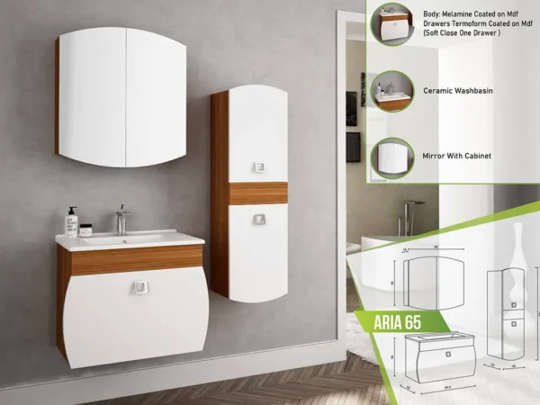 Contemporary Aria 65 bathroom vanity with a wooden finish, ceramic washbasin, and an integrated circular mirror cabinet.