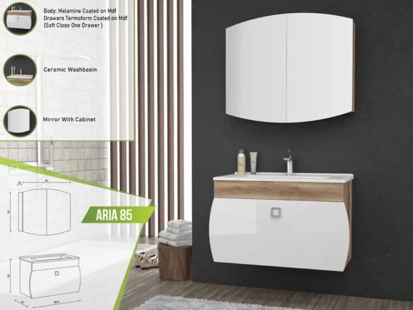 Contemporary Aria 85 vanity in white with wood details, a ceramic basin, and a curved mirror with cabinet.