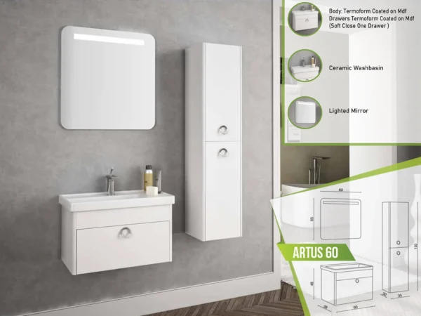 Wall-mounted white bathroom vanity with thermoform-coated MDF and soft-close drawer, alongside a ceramic washbasin and a lighted mirror. Bathroom furniture