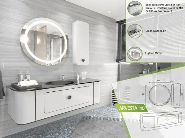 Arvesta 140 curved bathroom vanity with lighted circular mirror and glass washbasin.