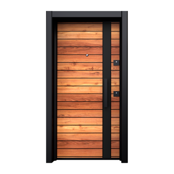 Contemporary anthracite interior door from the "Cosmos" Series, featuring a geometric wooden inlay in a dynamic diagonal arrangement, creating a bold statement piece for modern homes.