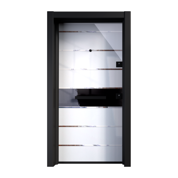 "Anthracite-colored Cosmos exterior door featuring asymmetrical wooden panel design, showcasing a blend of modern security and natural aesthetics."