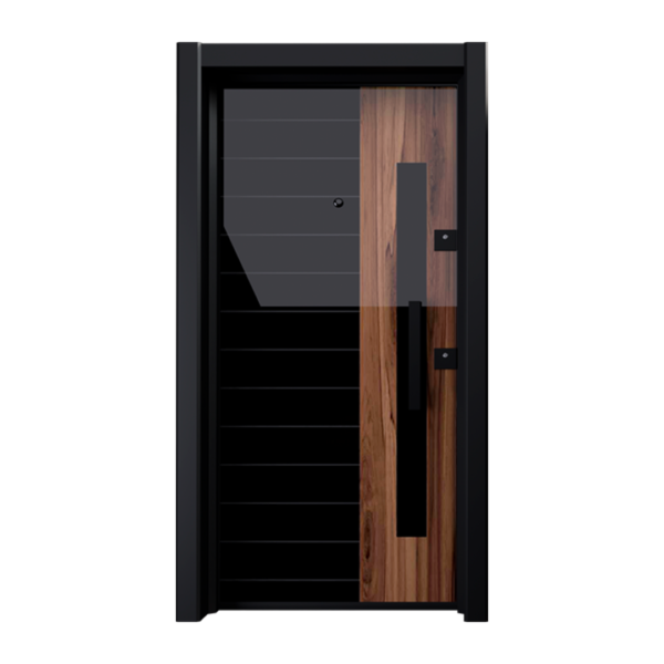 Stylish anthracite exterior door from the Cosmos series, adorned with a unique geometric wooden inlay, blending modern design with natural elements.