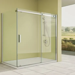 "Modern glass shower cabin with sleek stainless steel fittings and transparent, easy-clean panels, suitable for contemporary bathrooms."