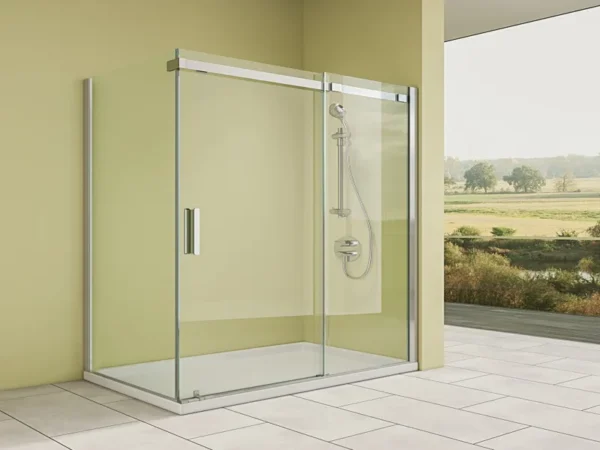 "Modern glass shower cabin with sleek stainless steel fittings and transparent, easy-clean panels, suitable for contemporary bathrooms."