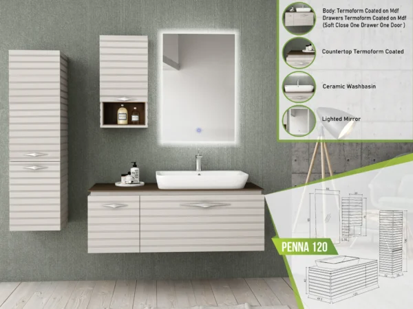 Penna 120 contemporary bathroom vanity in light wood finish with ceramic basin and illuminated mirror.