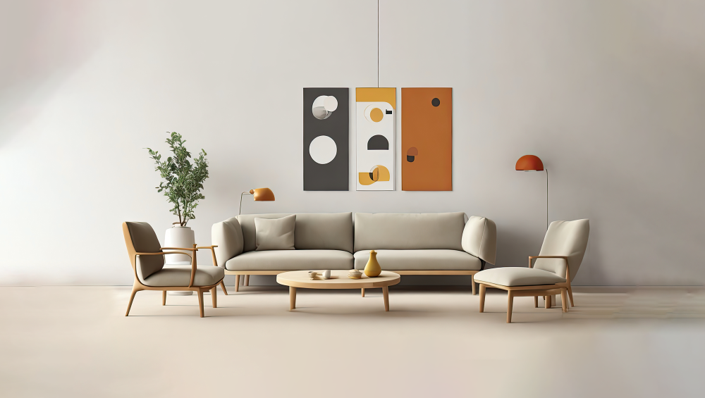 Luxury modern living room with beige sofa, wooden furniture, and abstract wall art.