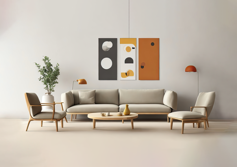 Luxury modern living room with beige sofa, wooden furniture, and abstract wall art.